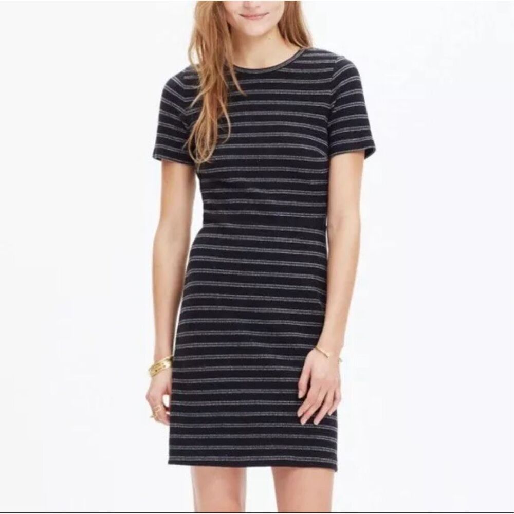 NWOT Madewell A-Line Black Horizontal Stripe Stretch Short Sleeve Mini Blk Dress